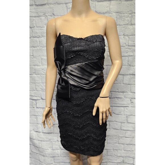 LOVELY DAY M BLACK SEQUIN RUFFLE SATIN BOW PADDED STRAPLESS BODYCON ZIP BACK SHO - Picture 1 of 14